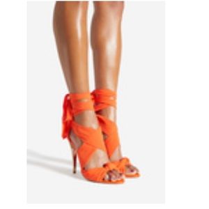 Satin Ankle-Tie Stiletto Heels in Orange